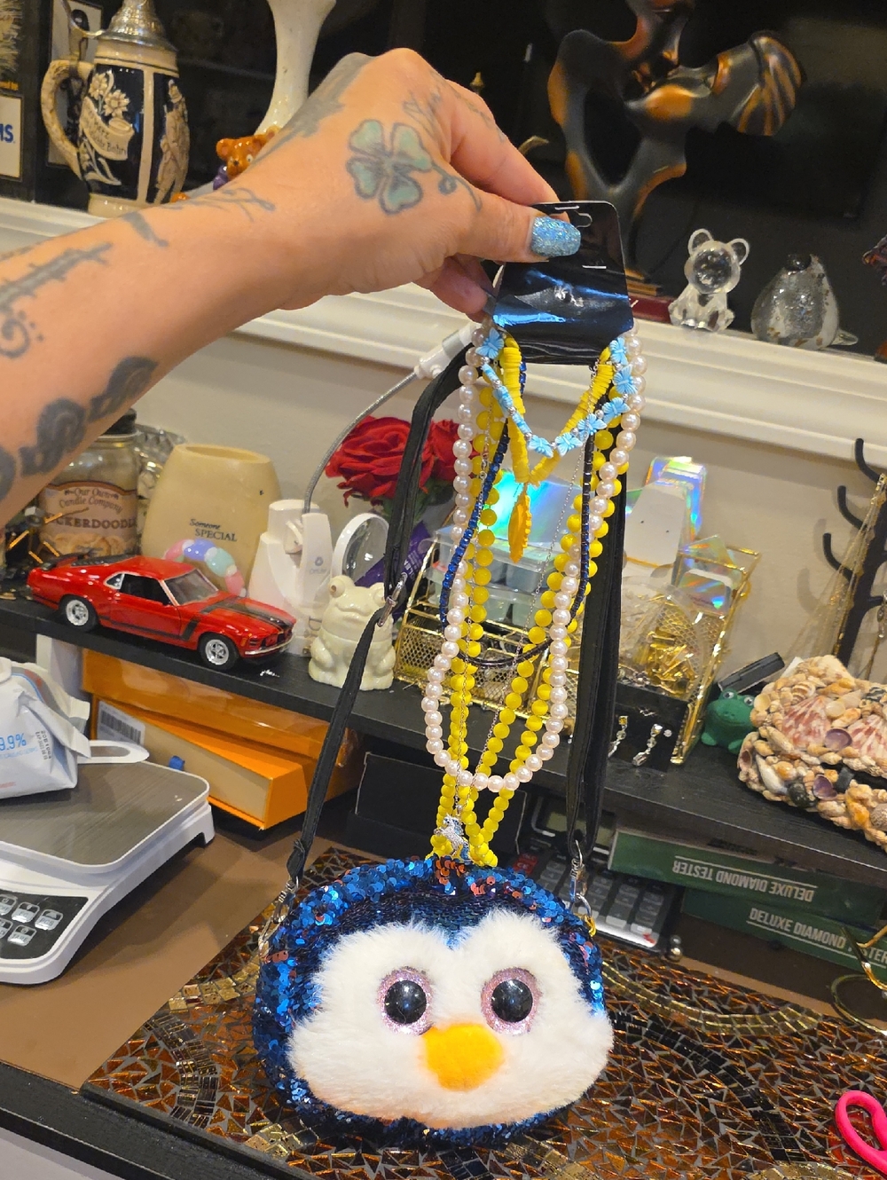 Kids Blue Sequin Penguin Crossbody Bag with Yellow Beak Accent